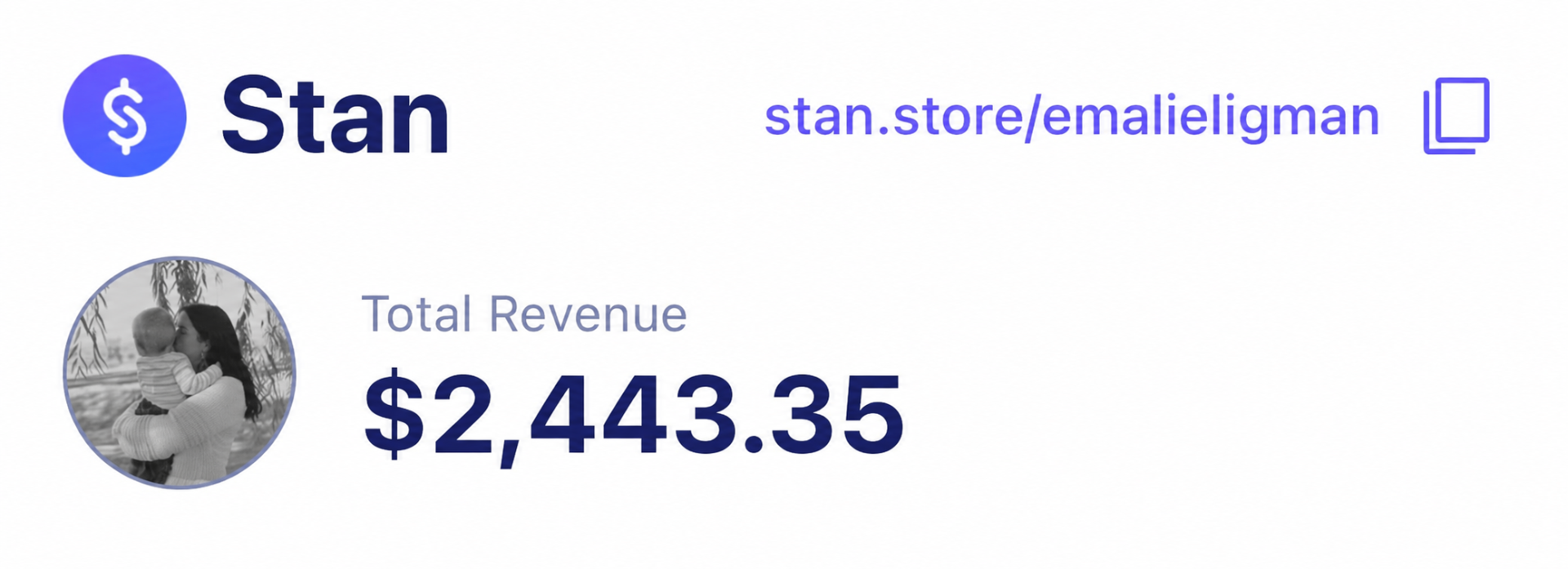 Stan Store dashboard showing total revenue